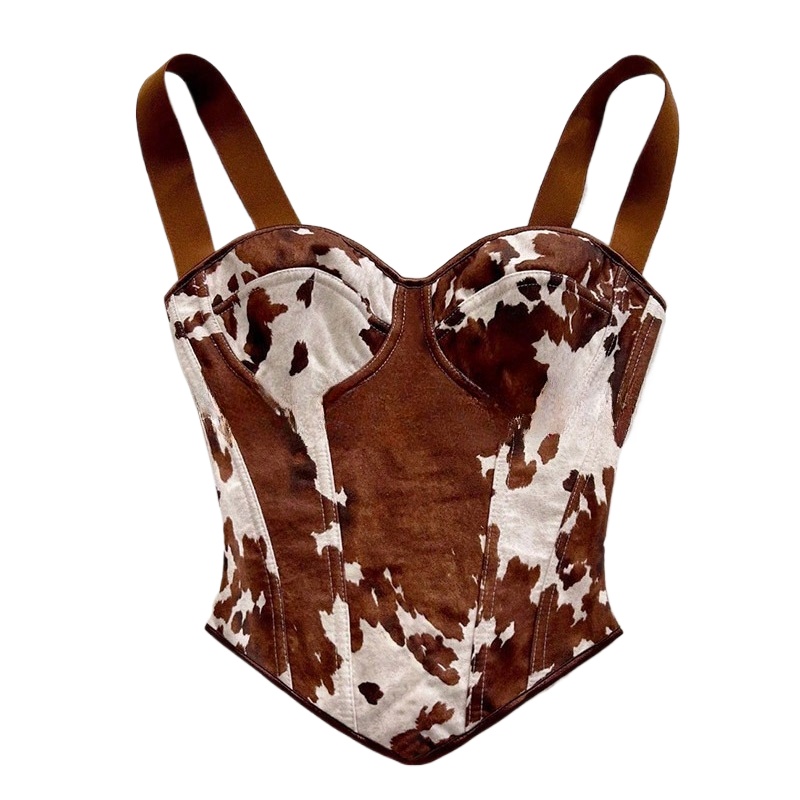 Corset Top Boned - Women Cow Print Lace Up Corset