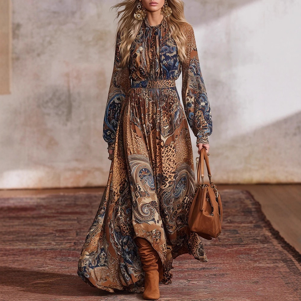 Maxi Dress Boho - Women's Boho Printed Maxi Dress Mock