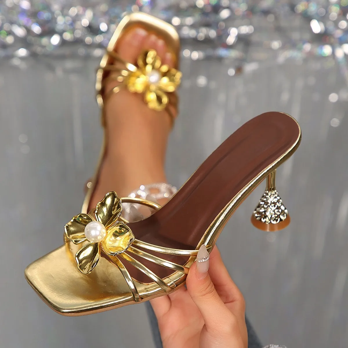 Floral Summer Dress - Vintage Metal Flower Crystal Cone Heel